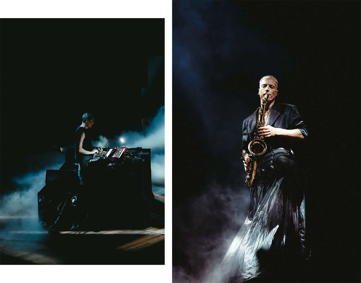 Two pictures of Sam Barker and Bendik Giske performing at Le Guess Who? while fog rolls over the stage